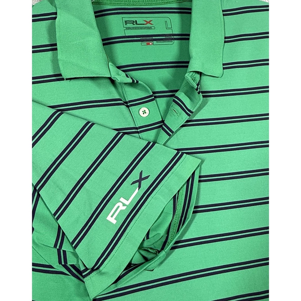 RLX Ralph Lauren Polo Shirt Mens Large Green Black Striped‎ Golf Performance